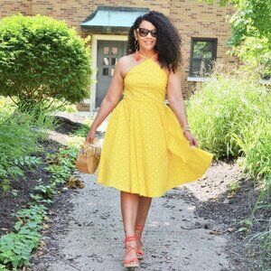 Venus Yellow White Polka Dot Flared Vintage Dress